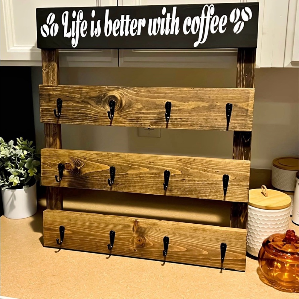 Hand Made Rustic Brown Wall Mounted Coffee Mug Holder